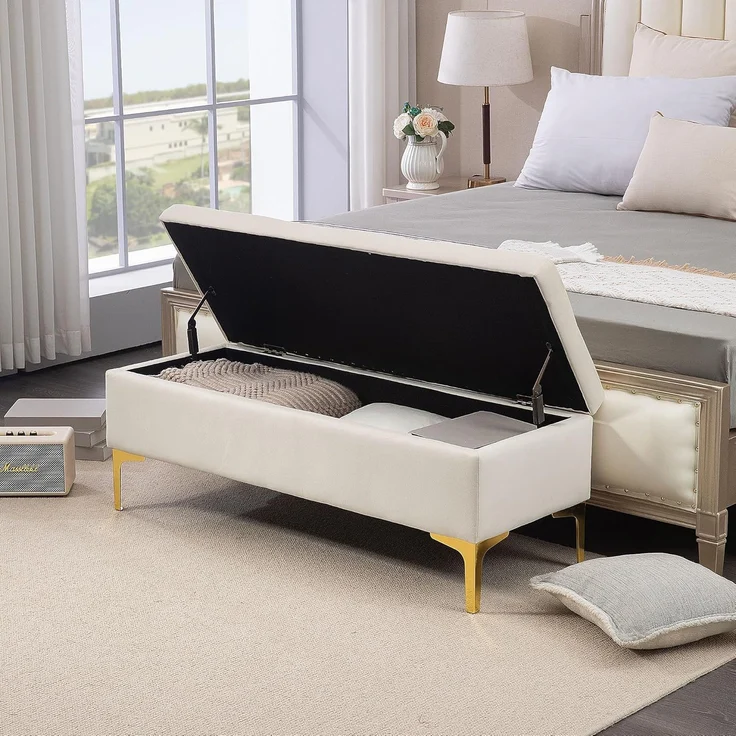 HOMCOM Sitzbank mit Gold-Ton Beine, Samtoptik, 120 x 44 x 44,5 cm (Polsterbank, 1-St, Bettbank), für Wohnzimmer, Beige – Bild 8