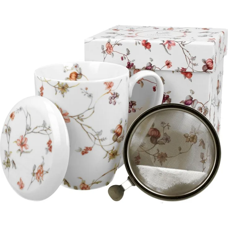 DUO FLORAL Becher 380 ml SAFA mit Teesieb, New Bone China Porzellan