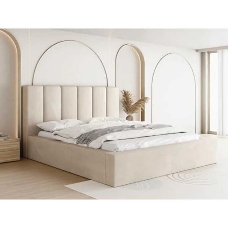 WFL Group Polsterbett Amira, Creme, mit Bettkasten, 180x200 cm, skandinavisches Design, hochwertiger Lattenrost – Bild 1