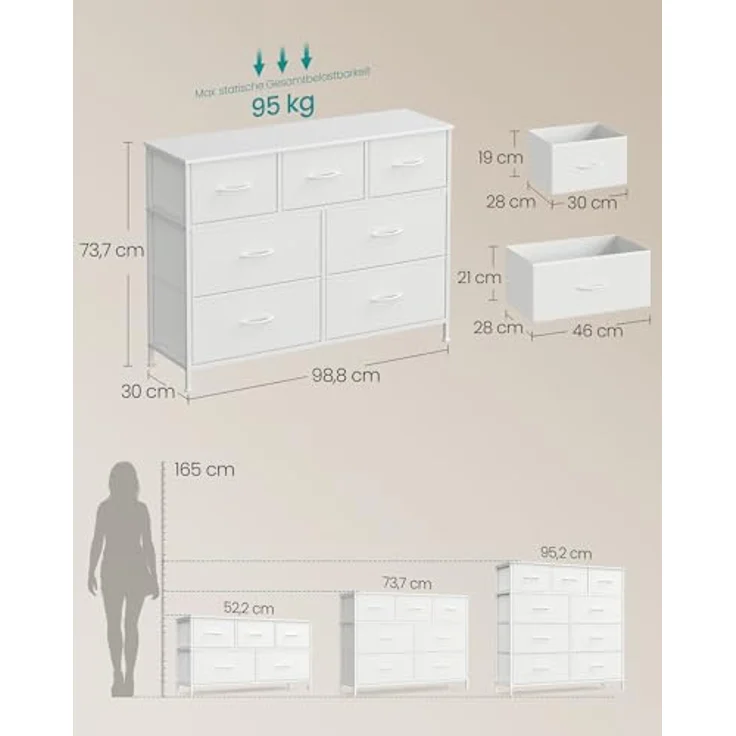 SONGMICS Kommode, Schrank, 7 Stoffschubladen, Aufbewahrungsschrank, Stahl, MDF, Vliesstoff, für Schlafzimmer, Flur, Wohnzimmer, wolkenweiß-schneeweiß LGS323WH01 – Bild 3