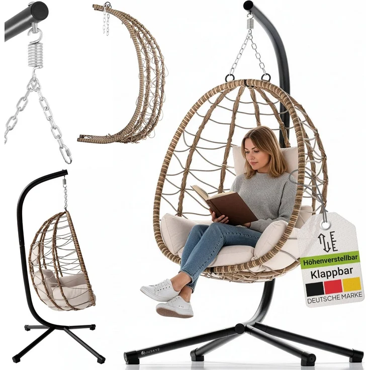 Juskys 'Aria' Hängesessel mit Kissen, höhenverstellbar & faltbar, Polyrattan beige, bis 130 kg belastbar – Bild 1