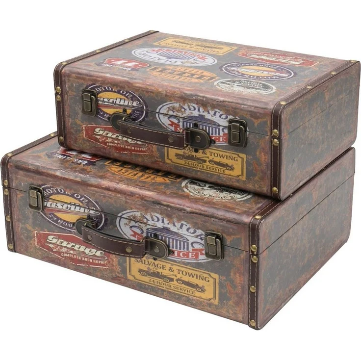HMF Aufbewahrungsbox Vintage Koffer Holz, Aufbewahrungsbox mit Deckel und Ledergriff als (2er Set), Geschenkidee für Hochzeit oder Geburtstag, Garage, 38 + 44 cm – Bild 2