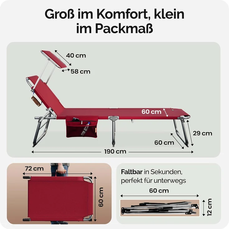 Casaria® Sonnenliege Ibiza Klappbar Wetterfest Garten Outdoor Gartenliege Liegestuhl Klappliege mit Dach Tasche 150kg Belastbar Alu Perlrubinrot – Bild 2