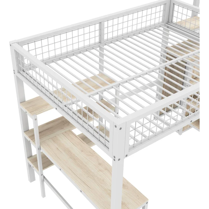 EINHOM Hochbett, 140 x 200 cm, Eisenbett, Ablageleiter, Mehrere Regale, Einbauschrank, Schreibtisch, Weiß (Ohne Matratze) – Bild 4