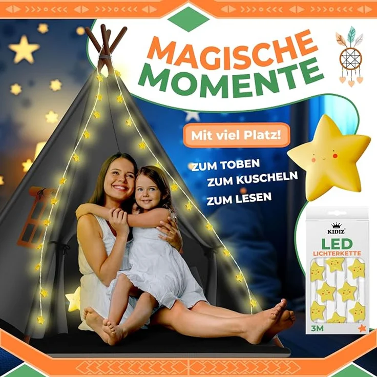 KIDIZ® Tipi Zelt für Kinder Spielzelt 100 x 100 x 160 cm Kinderzelt aus Baumwolle mit LED-Lichterkette, Leuchtstern, Fahnengirlande, 3 Plüschtiere, Untermatte & Tragetasche Spielhaus für drinnen & draußen Grau – Bild 4
