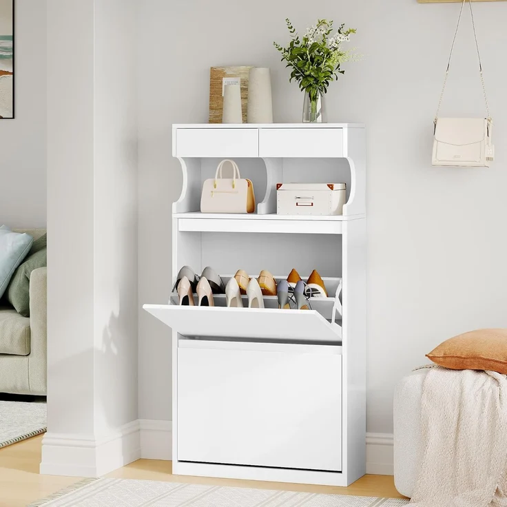 Schuhschrank, Schuhregal Schuhkipper Schmal, Verstellbar, Schuhkommode für Eingang, Flur, Garderobe, 12 Paar, 2 Klappen (60B cm), Weiß – Bild 1