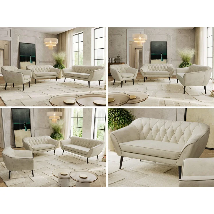 Wohnzimmerset PIRS 1-2-3, Skandinavisches Komplettset, Wellenfederung, schwarze Füße, Sitzgruppe, Möbelset - Beige Velvet – Bild 2