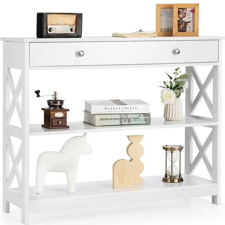 COSTWAY 3 Ebenen Konsolentisch mit Schublade, Flurtisch aus Holz, Standregal, Beistelltisch für Eingang, Wohnzimmer und Schlafzimmer, 100 x 30 x 80 cm (Weiß) – Bild 4