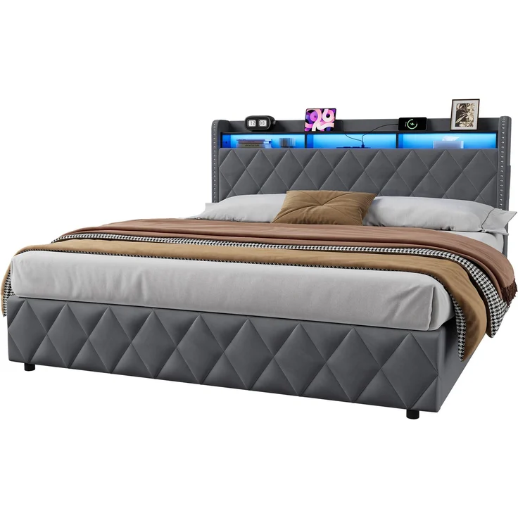 Polsterbett 180x200 cm mit hydraulischem Stauraum, LED und USB-Anschlüssen, Dunkelgrau – Ohne Matratze – Bild 6