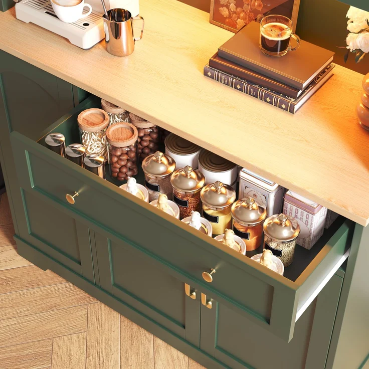 Küchenhochschrank 100 x 38 x 176 cm aus MDF in Graugrün mit Glastüren und LED-Beleuchtung – Bild 10