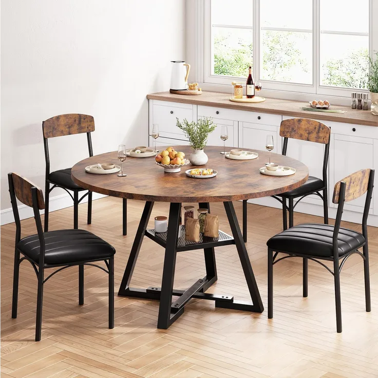 Jocoevol Runder Esstisch und 4 Esszimmerstühle Set, Essgruppe 5-Teilig, Esszimmertisch mit Ablage und 4 stühle, platzsparender Küchentisch aus Holz im Industrial Design (Vintage Braun, 130 x 130 x 76 cm)