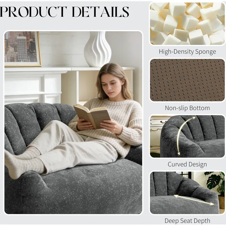 Wohnora-Starry Sky Bear Paw Sofa,Bean Bag Chairs Comfy Beanbag Chair with Spacious Design Oversized Bean Bag Sofa with Armrest with Filler for Living Room Bedroom,H 61cm x T 140cm x B 98cm,Grau