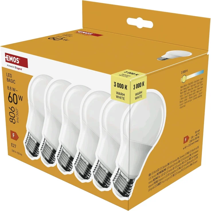 EMOS - LED-Lampe BASIC A60, 6er Pack - E27 Sockel - Warmweiß - 806 lm - 8,8W (Ersatz für 60W Glühbirne) - Lebensdauer 20 000 Stunden - Abstrahlwinkel 200° - CRI min. 80