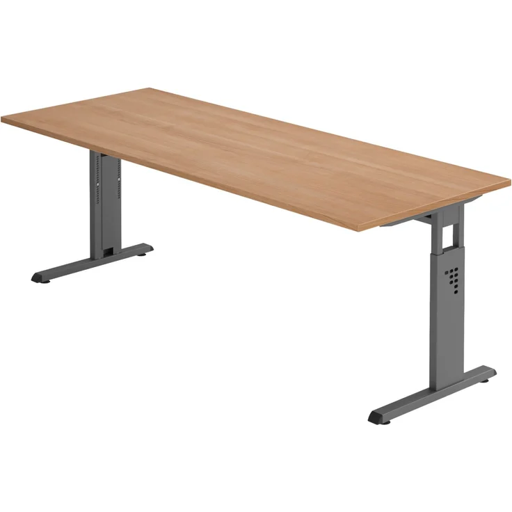 bümö höhenverstellbarer Schreibtisch O-Serie 200x80 cm in Nussbaum, Gestell in Graphit - großer PC Tisch für's Büro manuell höhenverstellbar, Computertisch verstellbar, OS-20-N-G – Bild 1
