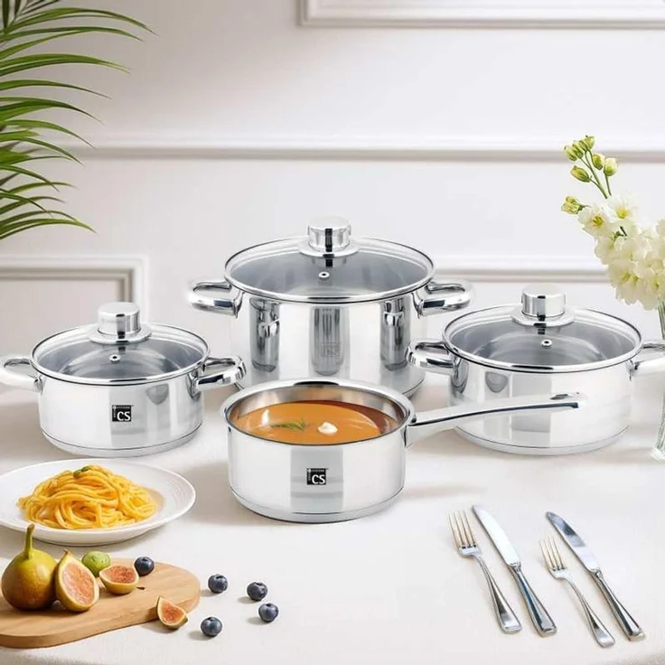 CS Koch-Systeme Topf-Set BELM, Edelstahl (Set, 7-tlg, je 1 Kochtopf 16/18/20 cm, 1x Stielkasserolle 16 cm), mit Glasdeckel, Induktion – Bild 2