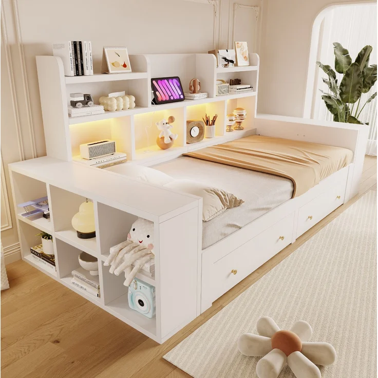 CHICFURN Bett aus MDF in Weiß 90/180x200 cm mit Stauraum, Steckdosen und LED-Beleuchtung – Bild 2