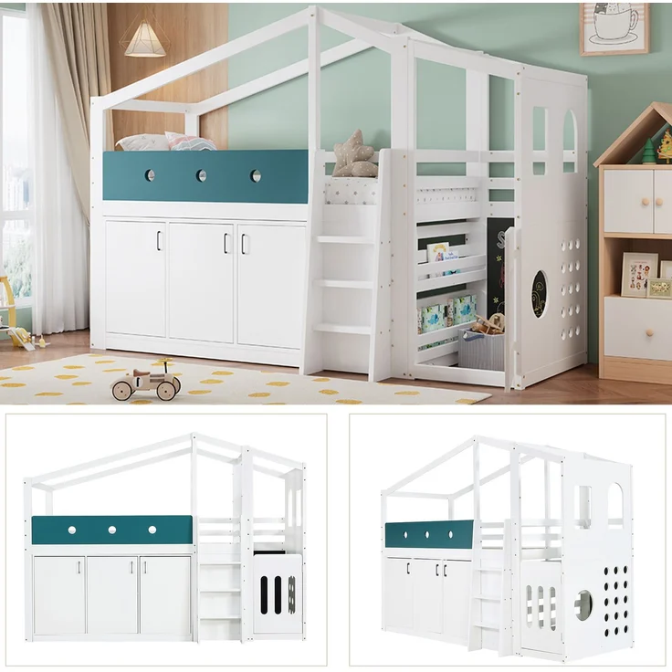 Halbhohes Kinderbett 90x200 cm in Hausform mit Spielbereich und Stauraumschrank – weiß – Bild 9