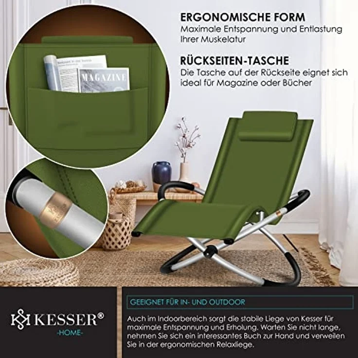 KESSER® Relaxliege Liegestuhl | Gartenliege Sonnenliege | Gartenstuhl | Klappstuhl faltbar | Schwungliege | Schaukelsessel | ergonomische Relaxsessel | wetterfest | 180 kg Belastung Khaki – Bild 7