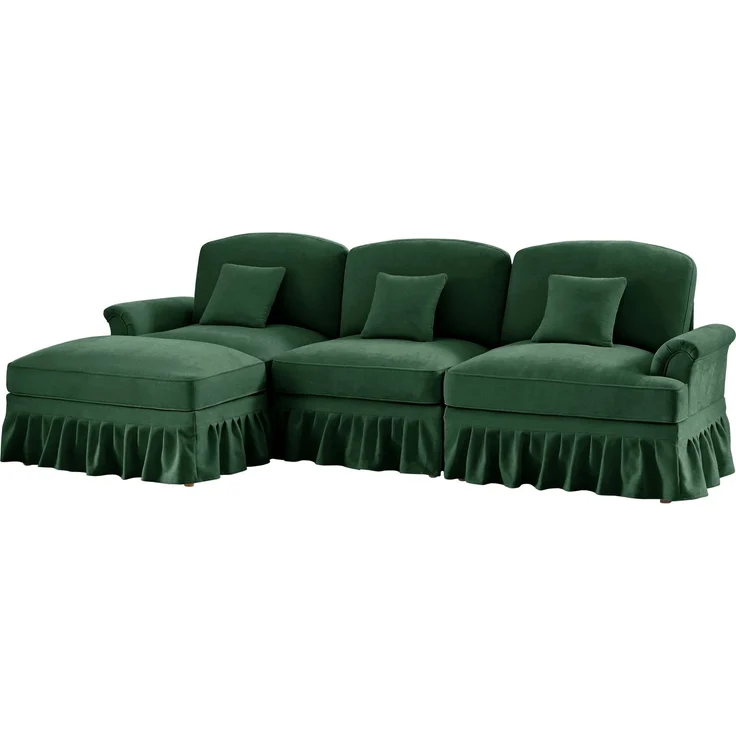 Modulares Mid-Century L-förmiges 3-Sitzer Sofa, Chenille, Trichter-Armlehnen, abnehmbare Rüschenschürze, spindelförmige Beine, beweglicher Hocker, tiefer Sitzkomfort fürs Wohnzimmer, Grün – Bild 8