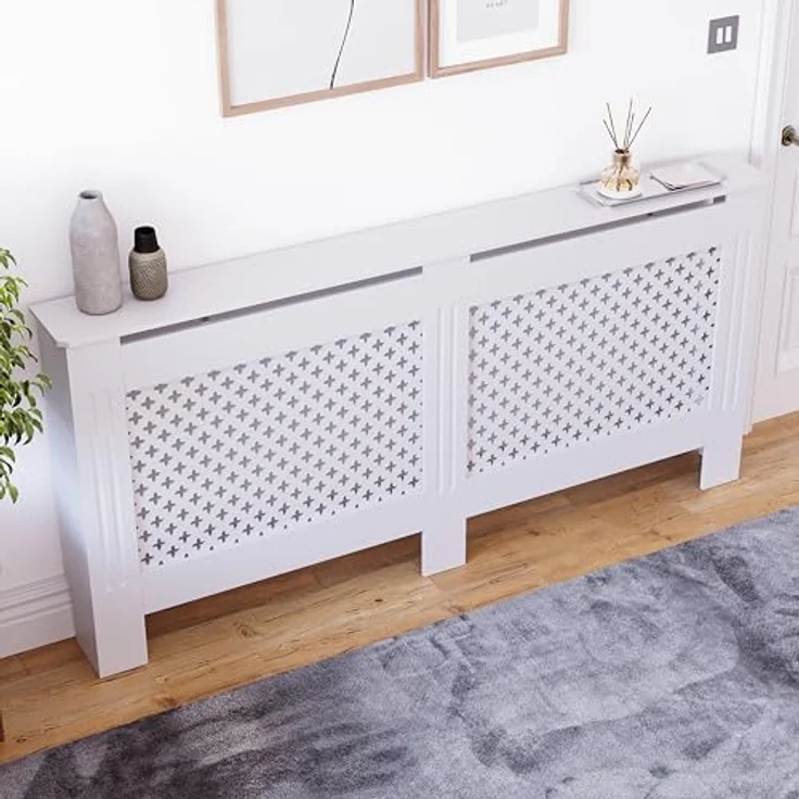 Vida Designs Oxford-Heizkörperabdeckung, moderner weißer MDF-Schrank mit Rillen, oberes Regal aus Holz, extra groß – Bild 5
