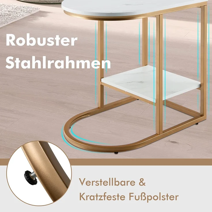 COSTWAY 2 Ebenen Couchtisch Holz mit Marmoroptik, Beistelltisch mit Metallbeinen, Kaffeetische modern, kompakt, für Wohnzimmer und Schlafzimmer, 60 x 40 x 60 cm – Bild 2
