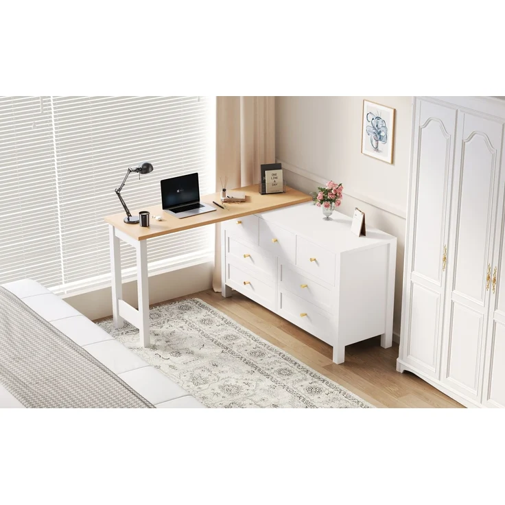 Flieks Schreibtisch mit Kommode, 120×40×70 cm, 360° drehbare Tischplatte mit 7 Schubladen, L-förmiger Bürotisch & Sideboard in Weiß/Eicheoptik – Bild 4