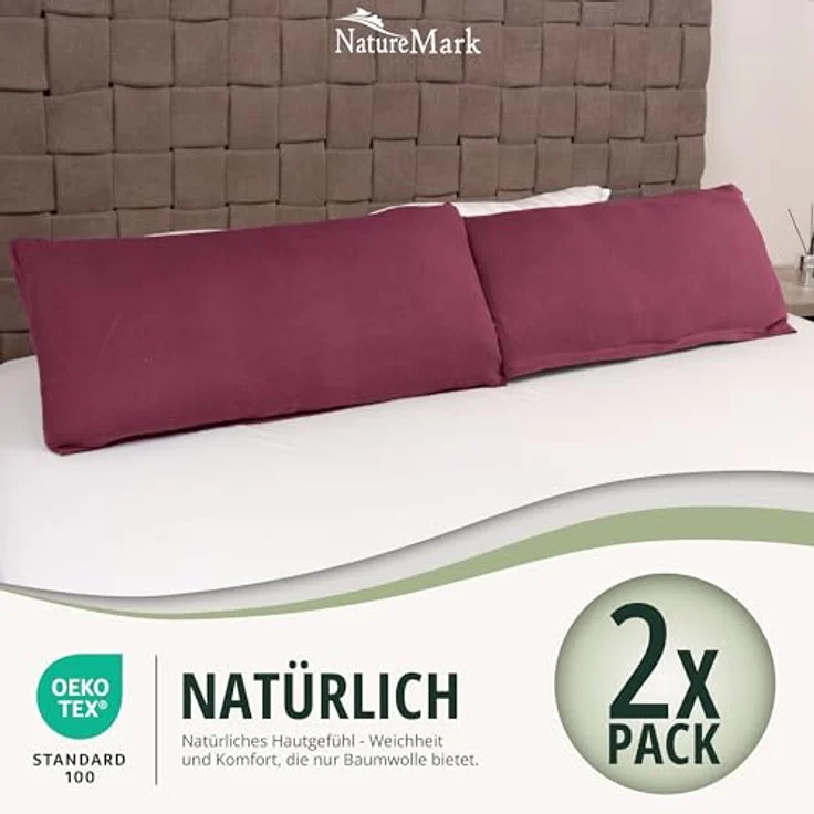 NatureMark 2er Pack Jersey Kissenbezug Kissenhülle Kissenbezüge Seitenschläferkissen Nackenkissen viele Größen und Farben ÖKO-TEX (40x80 cm, Bordeaux rot) – Bild 7