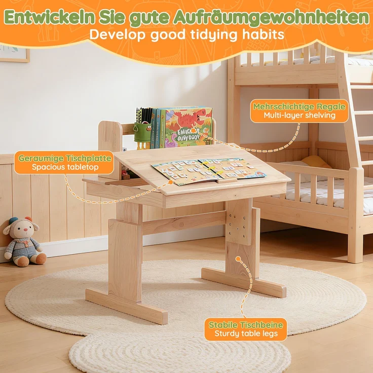 Kindertisch, Höhenverstellbarer Massivholz-Multifunktionsschreibtisch für Kinder, klappbare Tischplatte, Buchstütze, Sicherheitszertifiziert, für Kinder ab 6 Jahren--Natürlich--80x94x80cm--YOUDENOVA – Bild 10