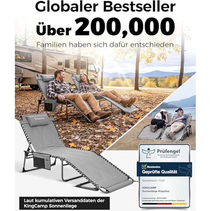 KingCamp Übergroße Sonnenliege Klappbar 5-Fach Verstellbar Gartenliege Liegestuhl Dreibeinliege Liege Campingliege mit Kopfkissen und Seitentasche bis 150 kg für Garten Urlaub Strand Pool 200x68 cm – Bild 12