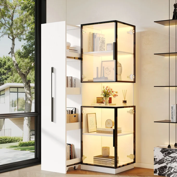 ZUBALIYA Vitrinenschrank 70×38×160 cm mit Ausziehregal – Doppelglas-Standvitrine LED,Glasvitrine & Aufbewahrung, multifunktionaler Hochschrank für Wohnzimmer, Esszimmer, Küche – Bild 1