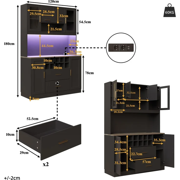 EINHOM Seitenschrank, Aufbewahrungsschrank, Küchenschrank, Anrichte, 120 x 36, 3 x 180 cm, mit LED-Beleuchtung und Steckdose, Sechs Türen, Zwei große Schubladen, Schwarz/weiß, Schwarz – Bild 2