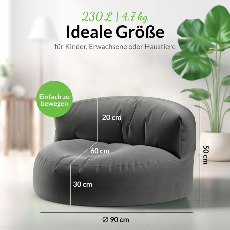 Green Bean® Sitzsack Sofa mit Füllmaterial - Lounge im Sitzsack-Design 90x50cm mit ergonomischer Rückenlehne & waschbarem Bezug - Indoor und Outdoor geeignet in Anthrazit – Bild 3