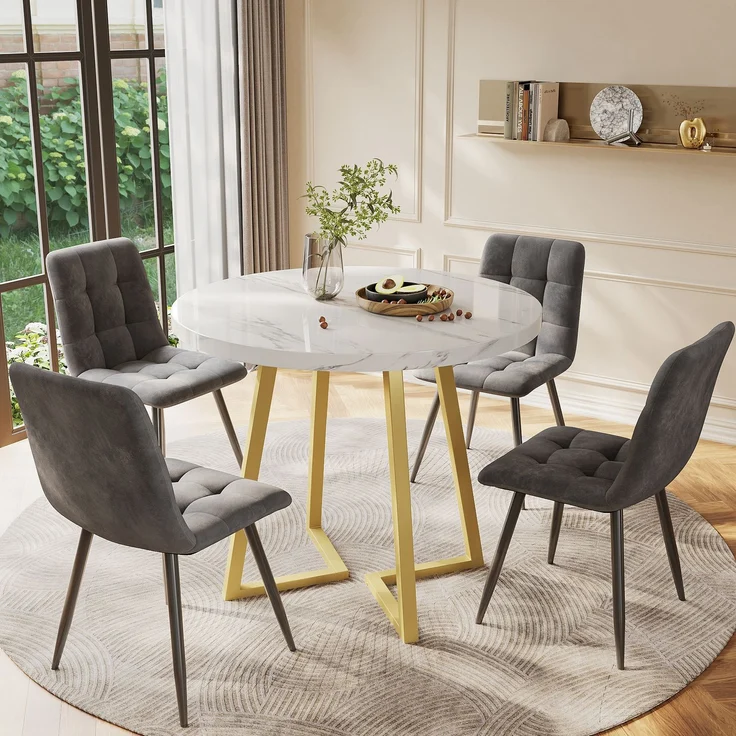 Essgruppe 5-teilig rund Ø80 cm mit modernem Marmortisch & 4 Samtstühlen, elegantes Küchen- und Esszimmer Set – Bild 1