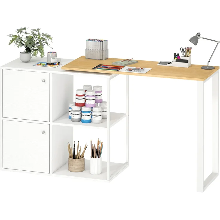 Schreibtisch L-förmig, 360° drehbarer Eckschreibtisch mit 2 Lagerschränken, 2 offenen Regalen, Computertisch für kleine Räume, Arbeitszimmer, Wohnzimmer, 150x40x75 cm, Weiß--Weiß--75x40x150cm--YOUDENOVA – Bild 2