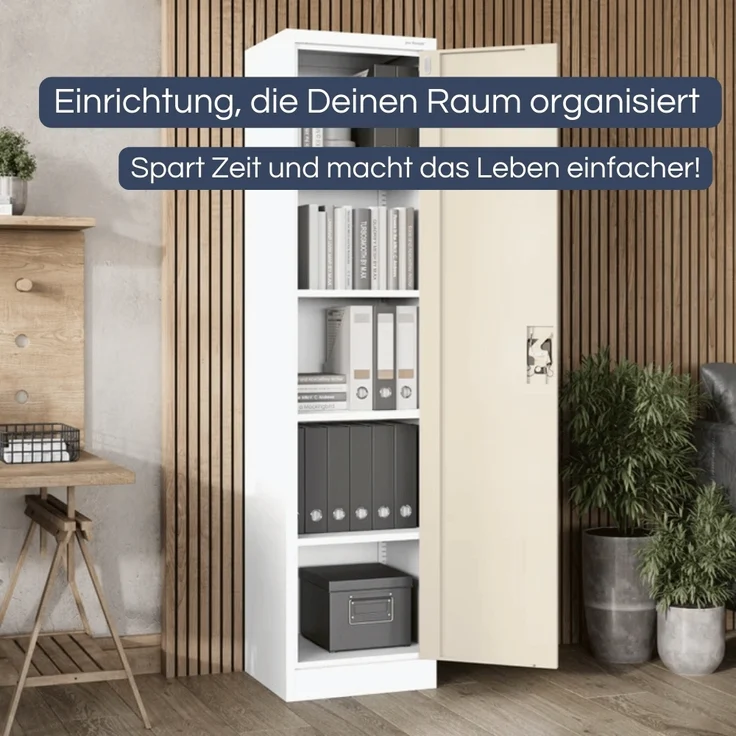 Aktenschrank abschließbar KADO - 5 Ebenen verstellbar, Flügeltüren | Metallschrank Werkstatt Mehrzweckschrank Büroschrank aus Stahl Werkzeugschrank, 185x45x40cm Weiß-Sonoma Eiche – Bild 3