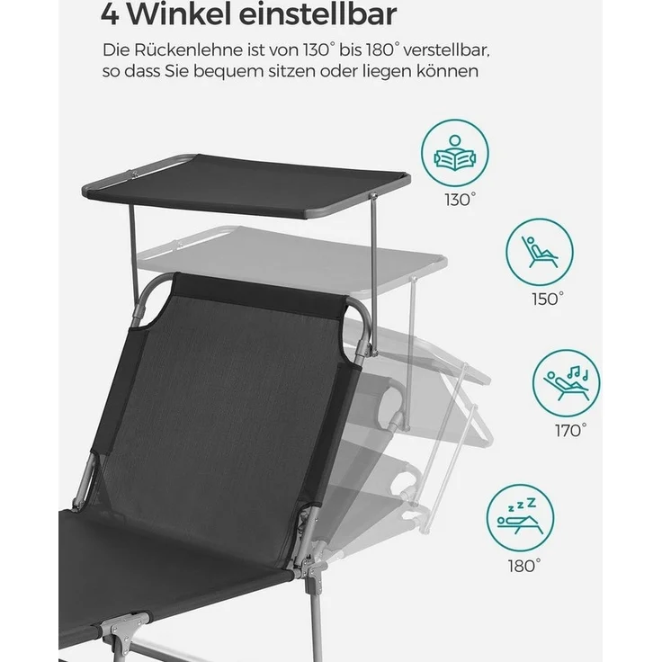 Songmics Gartenliege klappbar, mit Kopfstütze und verstellbarer Rückenlehne, 2x Sonnenliege, mit Seitentasche, Dunkelgrau, 29 x 193 x 53 cm – Bild 2