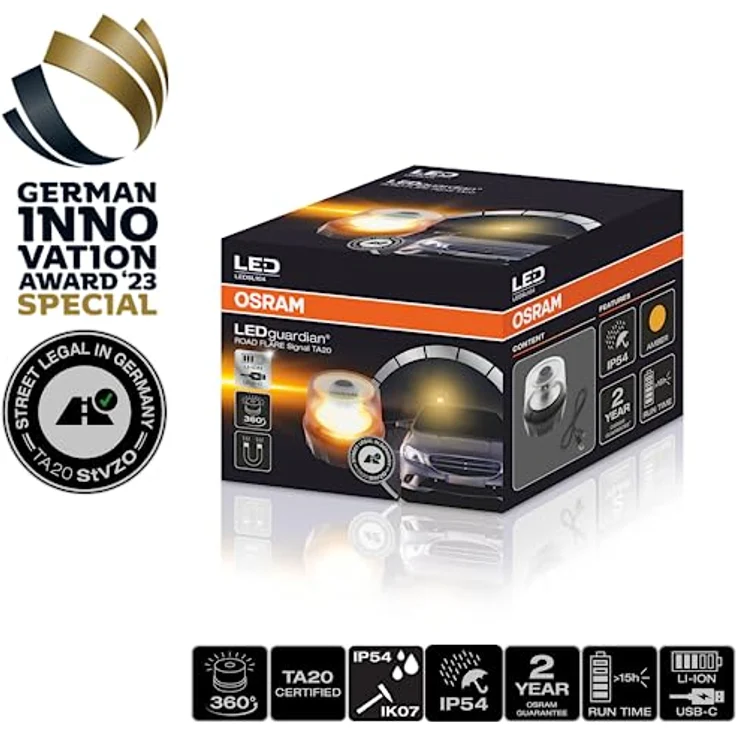 OSRAM LEDguardian® Road Flare Signal TA20, wiederaufladbare magnetische LED-Warnleuchte, 360° Sichtbarkeit, orange, Straßenzulassung, Akkulaufzeit bis 15h – Bild 2