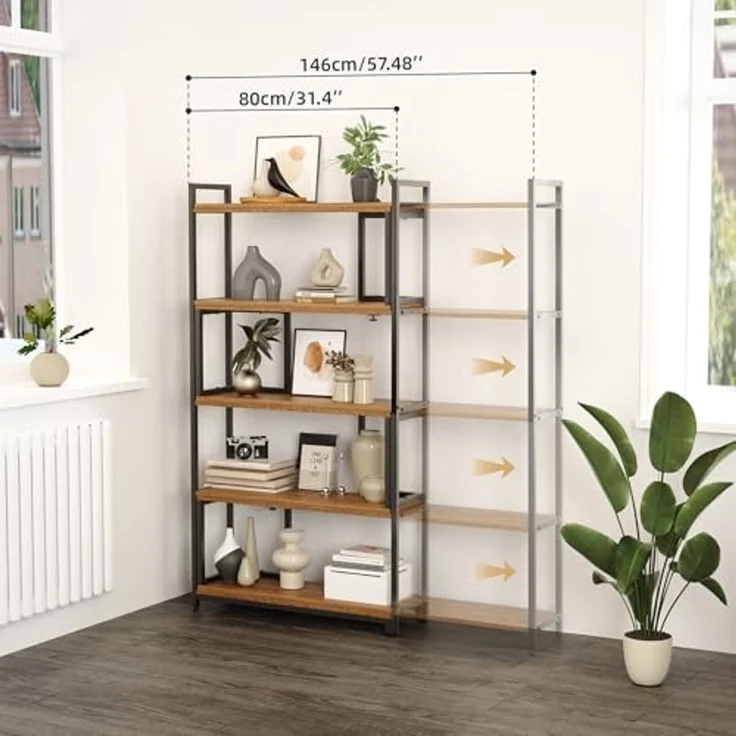 Mondeer Bücherregal Eckregal, Aufbewahrungsregal, 5-stufiges, Breite von 80-146cm verstellbar, Retro-Braun – Bild 3