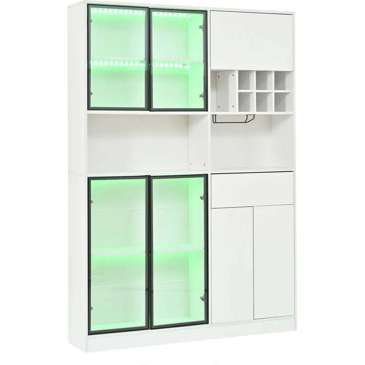140x30x200cm Vitrine, Standvitrine mit 1 Schubladen 7 Schranktüren, Glasvitrine mit LED, Wohnzimmerschrank , Multifunktionsschrank mit 6 Weinregal,Becherhalter mit Aufhängung, Großer Schrank, Weiß – Bild 9