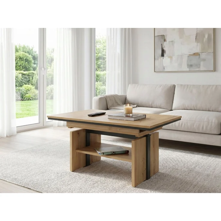 Hela Tische, Funktionscouchtisch Ingo, Holzwerkstoff melaminbeschichtet, Artisan Eiche-Dekor, ausziehbar 110-150cm, höhenverstellbar mit Lift 53-72cm – Bild 2