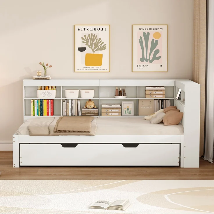 Schlafsofa 90*200, Ausziehbares Bett 90*190 mit USB-Steckdose und mehreren Ablagefächern, Massivholzbett, Einzelbett, Holz-Multifunktionsbett, Weiß. – Bild 2