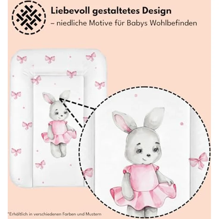 Wickelauflage 50x70 cm, Weiß mit Mädchen-Häschen – abwaschbar & wasserdicht, weich für Neugeborene – Wickeltischauflage für Wickelkommode – Baby Wickelunterlage, schnell abwischbar – Bild 3