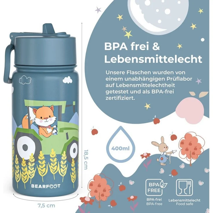 BEARFOOT Trinkflasche Thermo Kinder Trinkflasche Edelstahl - Traktor, Thermosflasche, auslaufsicher, Edelstahl, Kinderflasche, BPA-frei – Bild 2