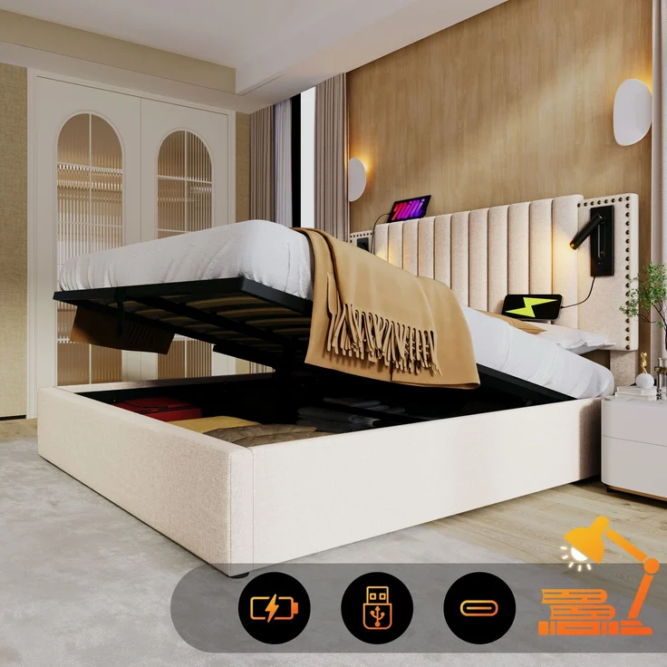 TavilaEcon Boxspringbett mit verstellbarem Kopfteil, Polsterbett Beige Liegefläche 160 × 200 cm – Bild 1