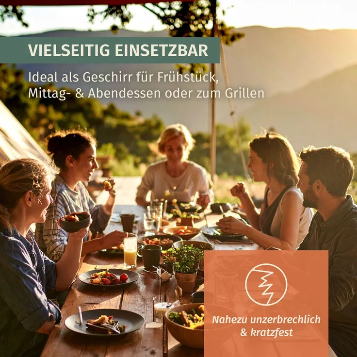 Moritz Camping Tafelgeschirr aus Melamin für 4 Personen 12-teilig | spülmaschinenfest | Picknick Geschirrset | Geschirr Campinggeschirr I Stone Curry Design – Bild 5