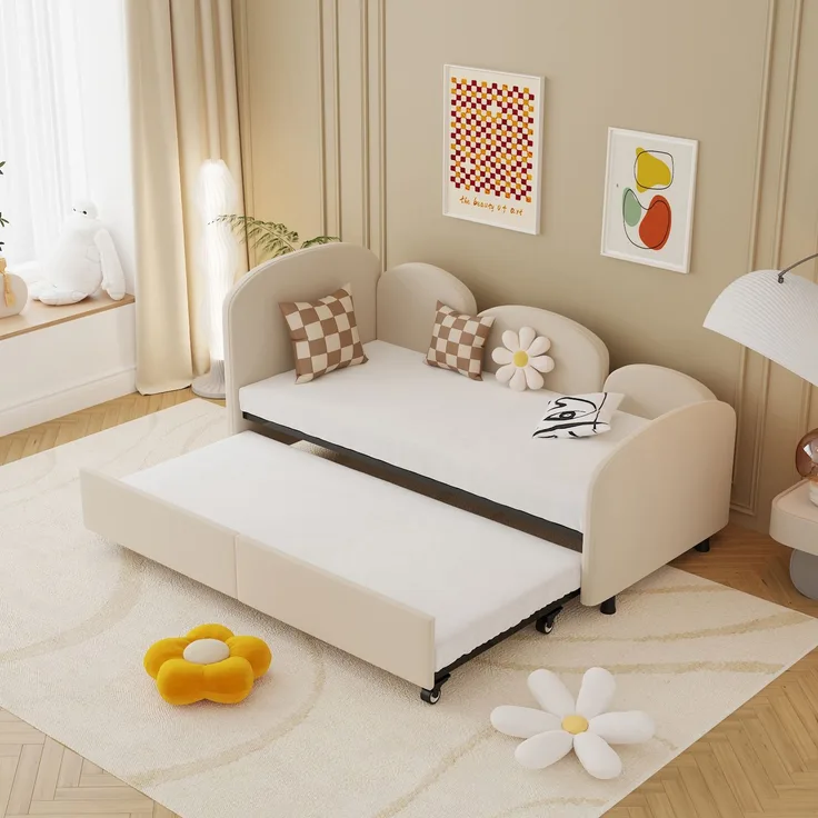 Kinderbett Blumenform, Kinderbett aus Samtstoff mit Sicherheitsrand, Massivholzrahmen, ausziehbare Schublade 90x200 cm,Beige