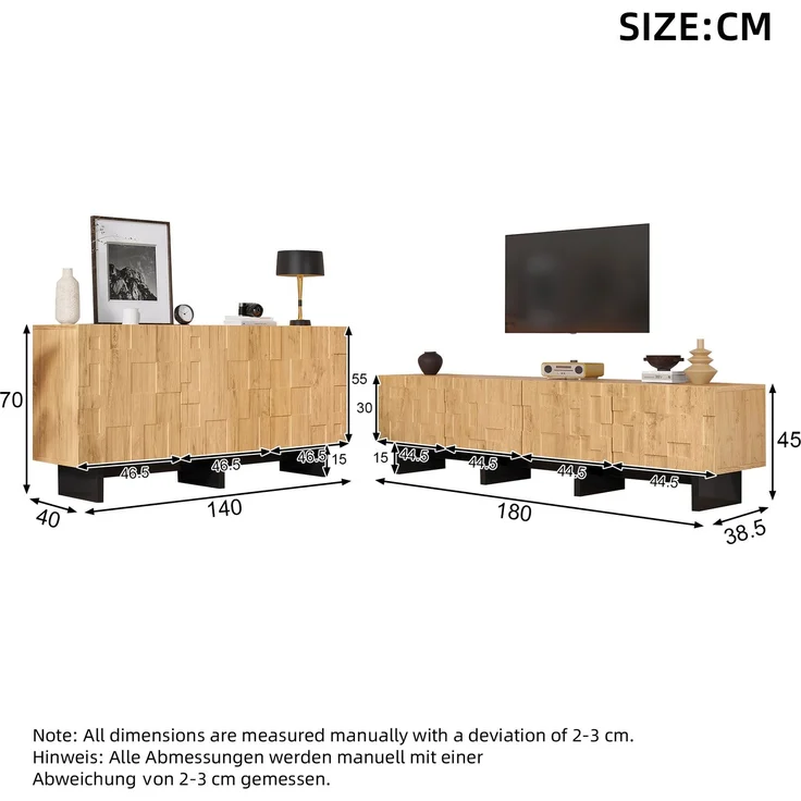 Ein Wohnzimmer-Sideboard (140x40x70cm) + ein viertüriger TV-Schrank (180x38.5x45cm) in Naturholzfarbe mit schwarzen Akzenten, geeignet für einen 75-Zoll-Fernseher--Natürlich--102.01x48.01x12.5cm--YOUDENOVA – Bild 3