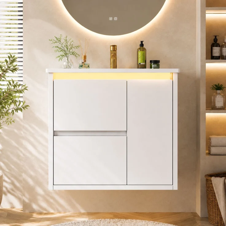 61*46.5*57cm, wandmontierter Waschtisch, komplett lackiert, LED-Radarsensorleuchte, Soft-Close-Scharniere, integriertes Waschbecken, weiß. – Bild 4