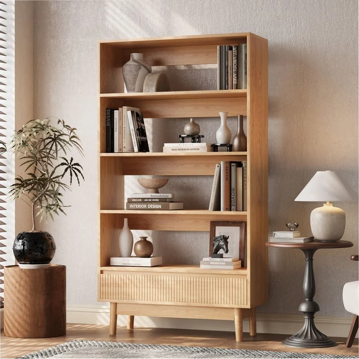 VOWNER Bücherregal mit Schublade, offenes Standregal, modernes Holzregal, 1-tlg, vielseitiges Aufbewahrungsregal, 3 Ebenen, Maße 80x120x30 cm – Bild 4