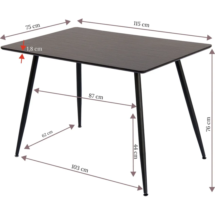 Esstisch Tischplatte mit Holzmaserung Küchentisch Esszimmertisch Speisetisch Tisch Esszimmer Küche 115x75 MDF Metallrahmen Dunkelbraun – Bild 6